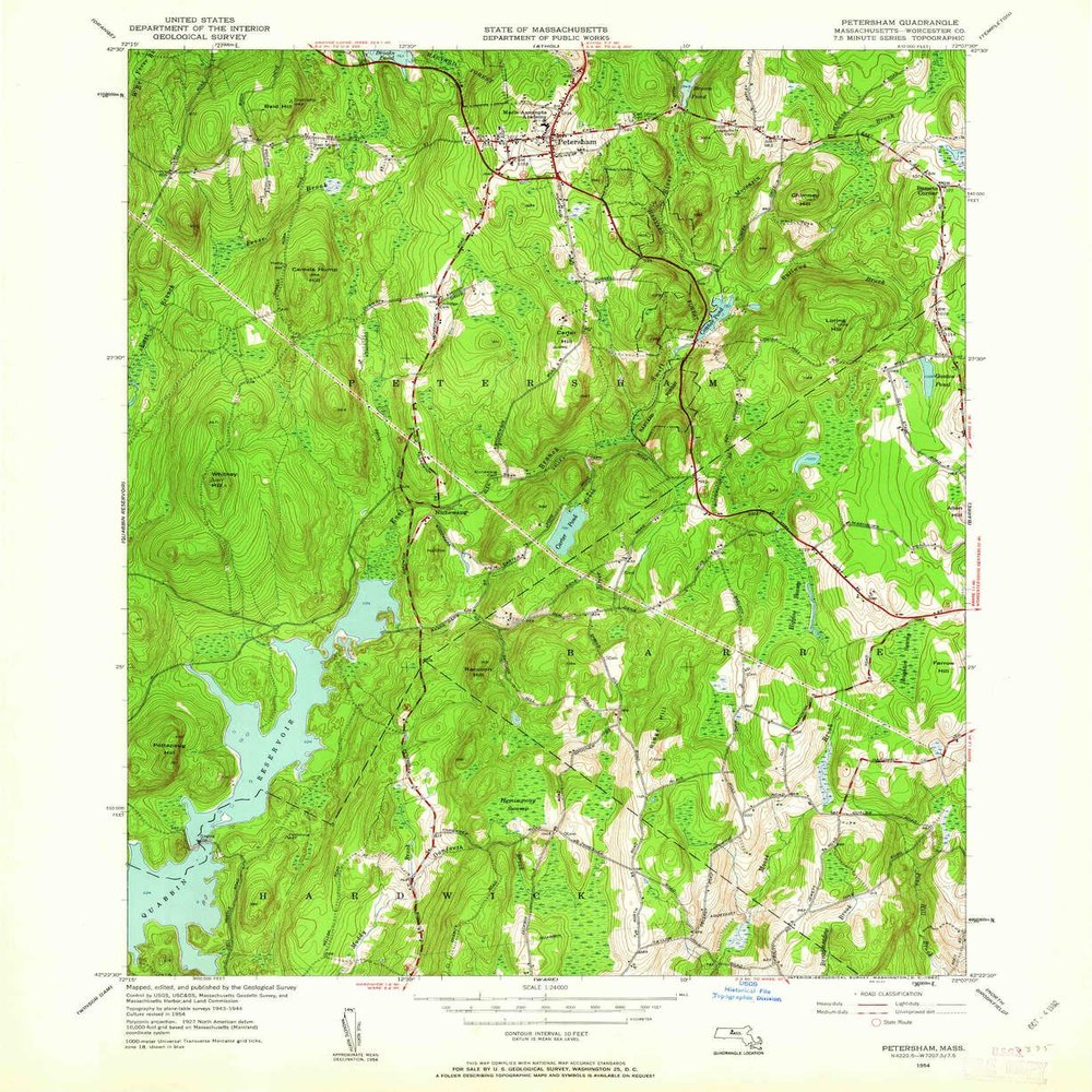 YellowMaps Petersham MA topo map, 1:24000 Scale, 7.5 X 7.5 Minute, Historical, 1954, Updated 1962, 26.9 x 22 in - Polypropylene