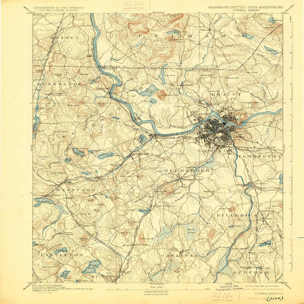 Lowell MA topo map, 1:62500 Scale, 15 X 15 Minute, Historical, 1893, Updated 1925, 19.7 x 15.7 in - Polypropylene