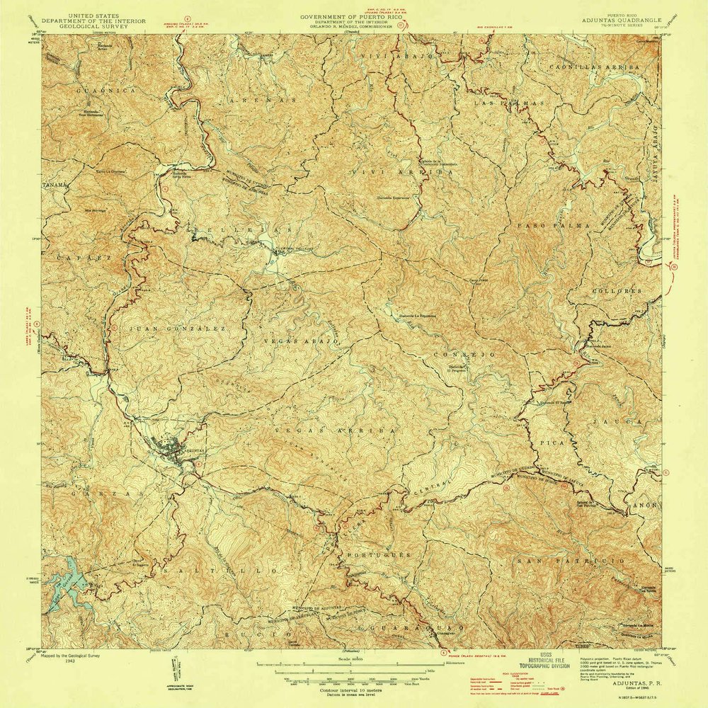 YellowMaps Adjuntas PR topo map, 1:30000 Scale, 7.5 X 7.5 Minute, Historical, 1946, 20.9 x 19.8 in - Polypropylene