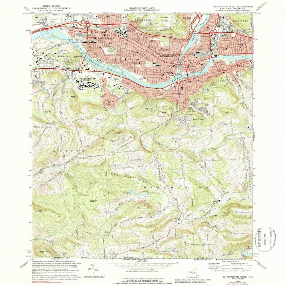 YellowMaps Binghamton West NY topo map, 1:24000 Scale, 7.5 X 7.5 Minute, Historical, 1968, Updated 1988, 26.9 x 22 in - Polypropylene
