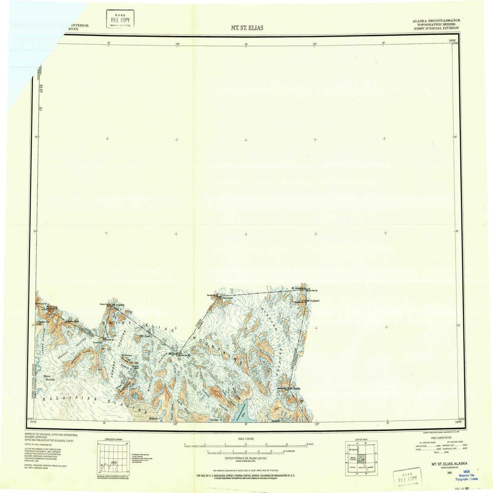 YellowMaps Mt Saint Elias AK topo map, 1:250000 Scale, 1 X 3 Degree, Historical, 1951, Updated 1952, 23 x 30.6 in - Polypropylene