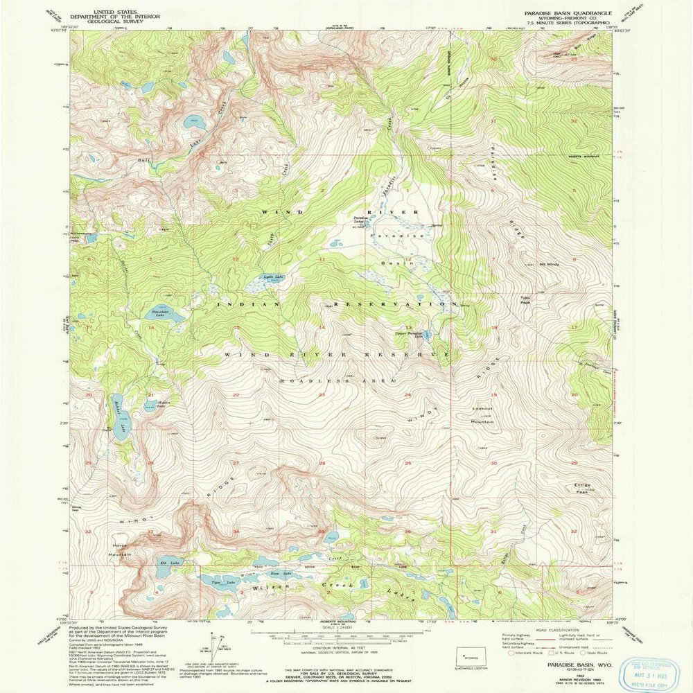 YellowMaps Paradise Basin WY topo map, 1:24000 Scale, 7.5 X 7.5 Minute, Historical, 1952, Updated 1993, 26.8 x 21.3 in - Polypropylene