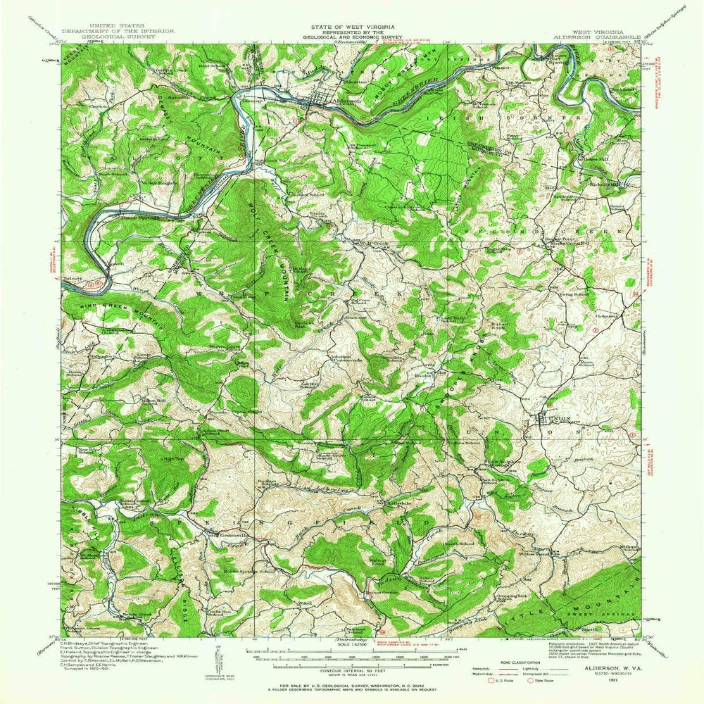 YellowMaps Alderson WV topo map, 1:62500 Scale, 15 X 15 Minute, Historical, 1921, Updated 1966, 20.7 x 16.9 in - Polypropylene