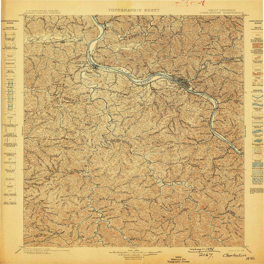 YellowMaps Charleston WV topo map, 1:125000 Scale, 30 X 30 Minute, Historical, 1899, 19.9 x 16.5 in - Polypropylene