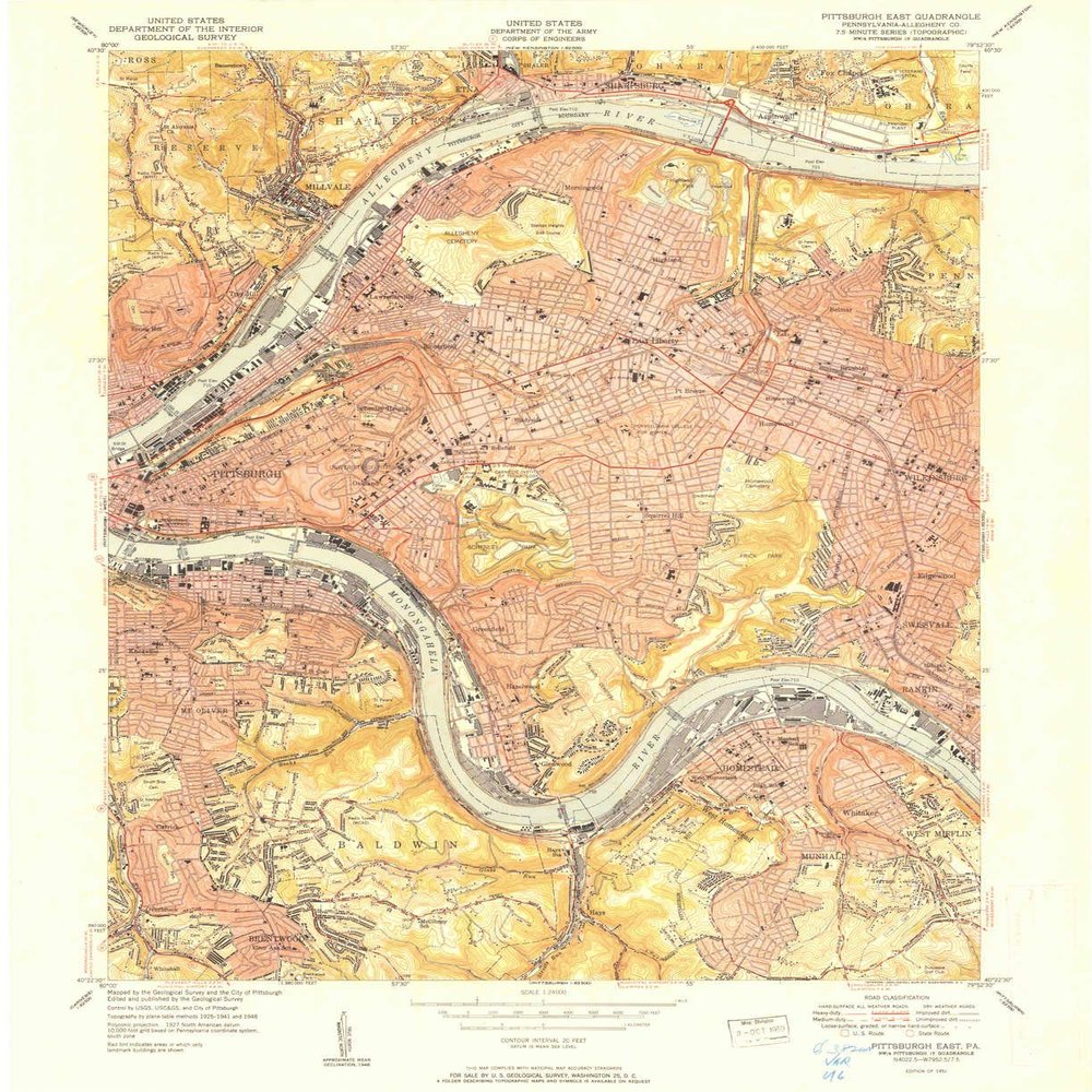 YellowMaps Pittsburg East PA topo map, 1:24000 Scale, 7.5 X 7.5 Minute, Historical, 1951, 26.74 x 21.81 in - Polypropylene