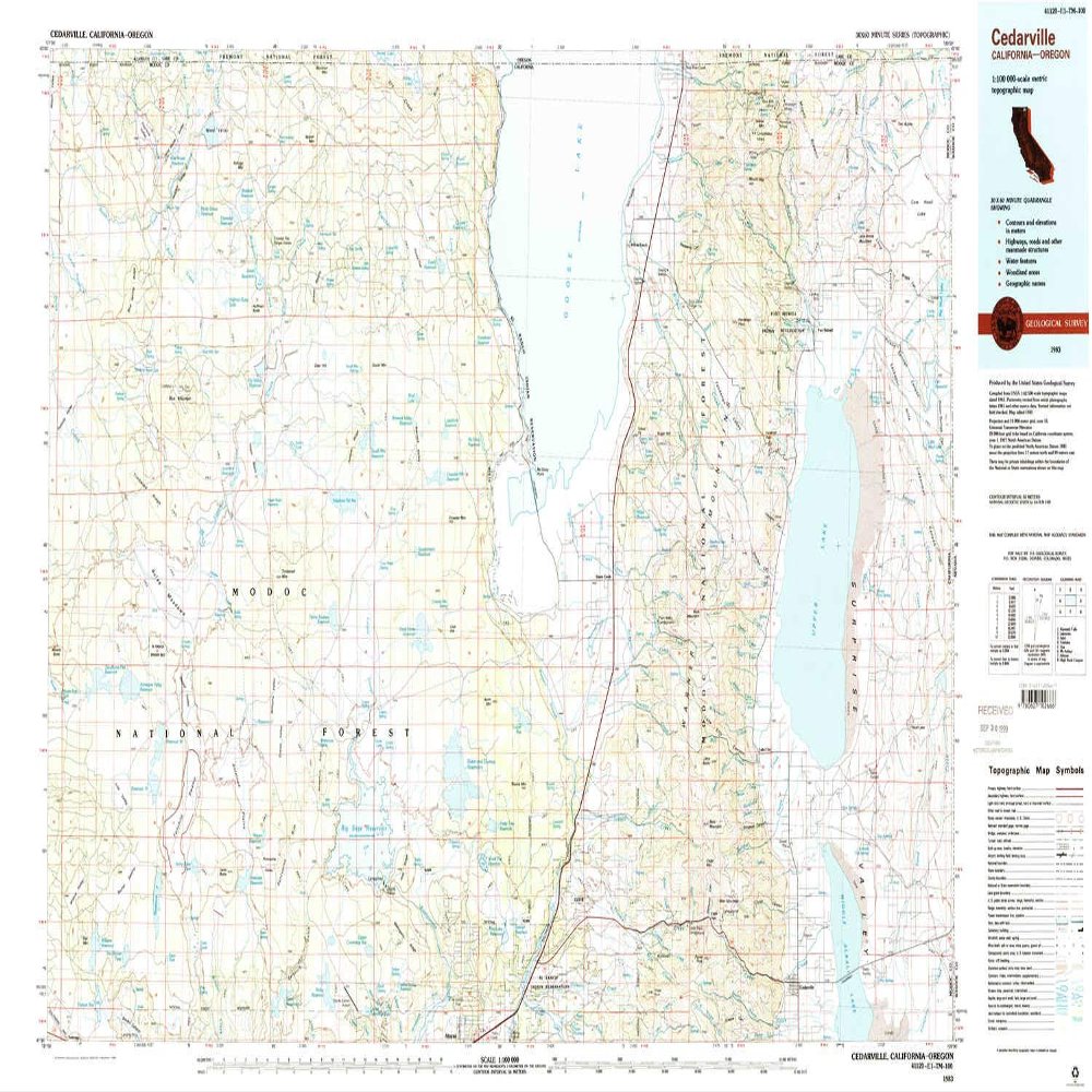YellowMaps Cedarville CA topo map, 1:100000 Scale, 30 X 60 Minute, Historical, 1983, Updated 1983, 24.1 x 39.6 in - Polypropylene
