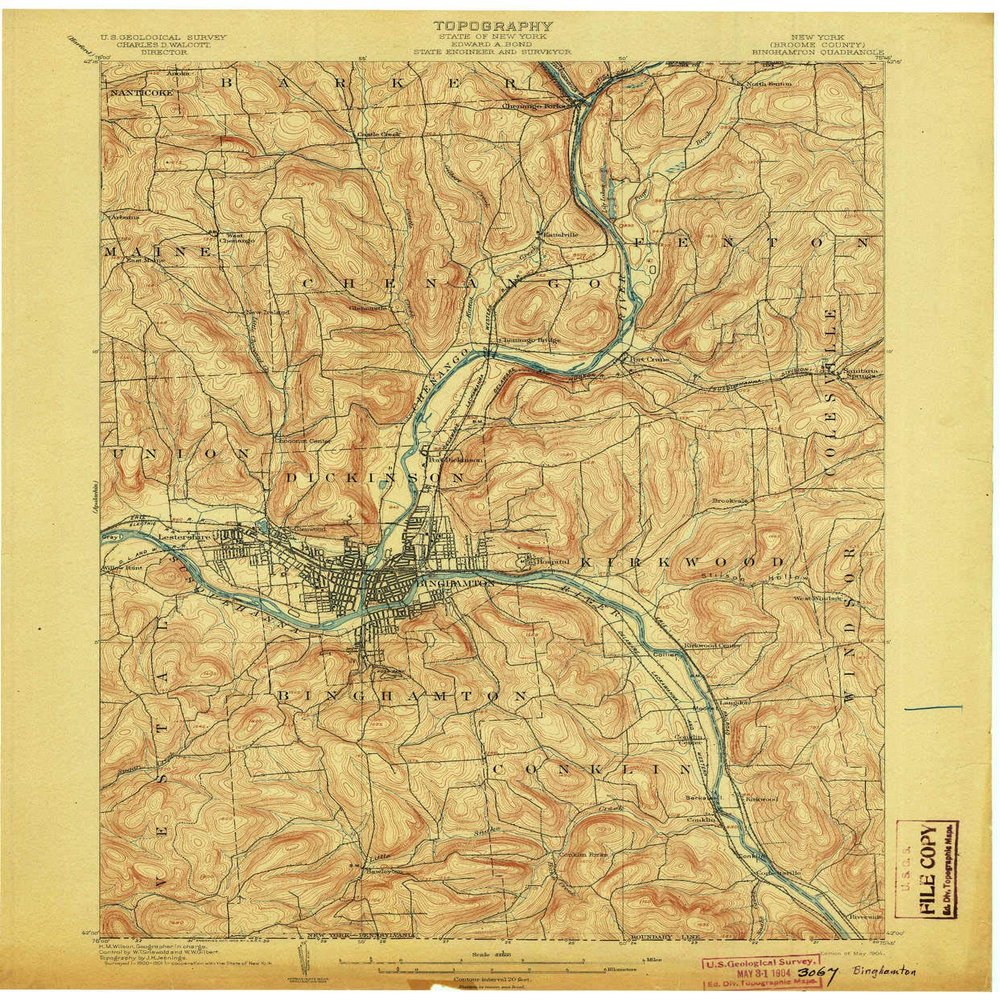YellowMaps Binghamton NY topo map, 1:62500 Scale, 15 X 15 Minute, Historical, 1904, 20.1 x 16.6 in - Polypropylene