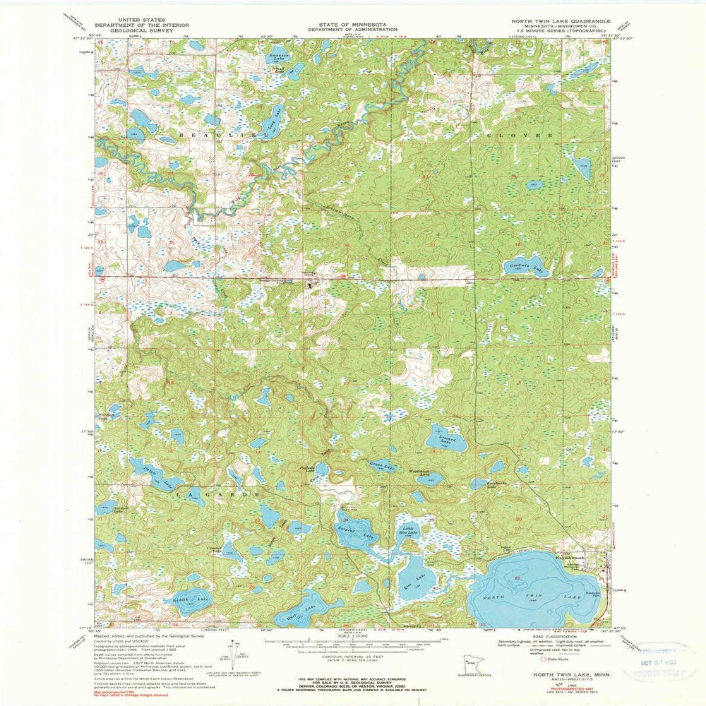 YellowMaps North Twin Lake MN topo map, 1:24000 Scale, 7.5 X 7.5 Minute, Historical, 1969, Updated 1990, 27.23 x 21.53 in - Polypropylene