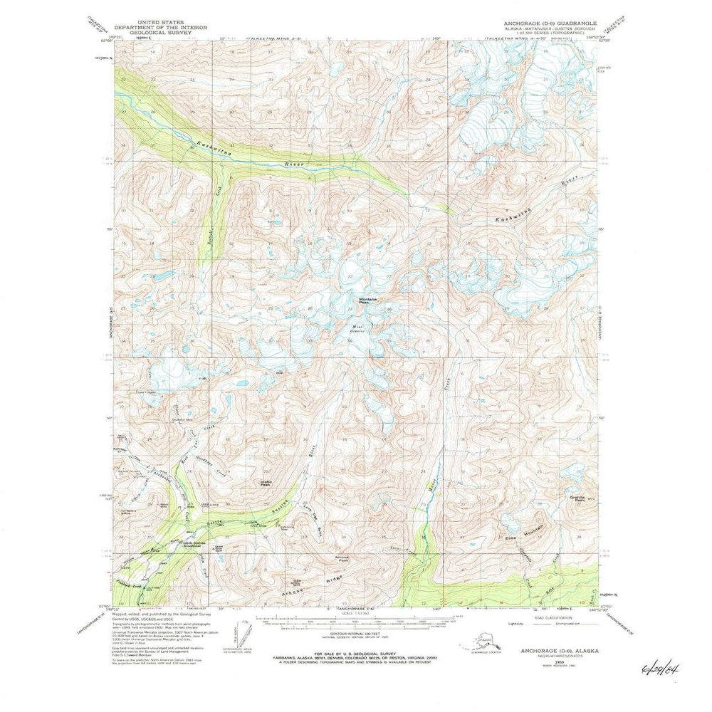 YellowMaps Anchorage D 6 AK topo map, 1:63360 Scale, 15 X 15 Minute, Historical, 1950, Updated 1984, 21.8 x 18 in - Tyvek