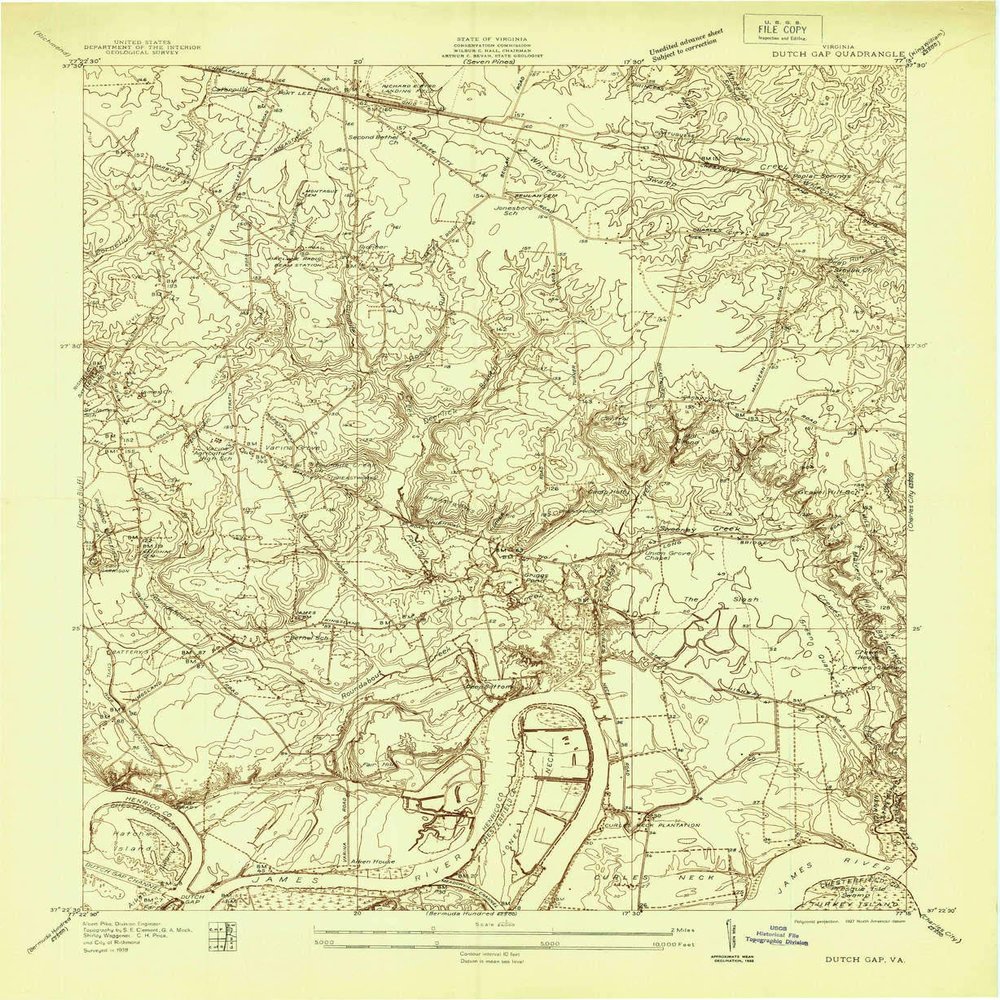 YellowMaps Dutch Gap VA topo map, 1:24000 Scale, 7.5 X 7.5 Minute, Historical, 1938, 26.9 x 22.1 in - Polypropylene