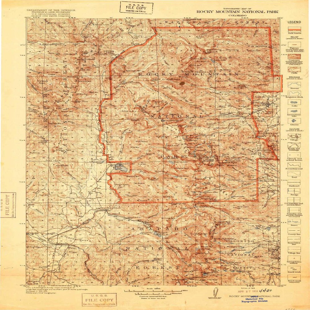 YellowMaps Rocky Mountain National Park CO topo map, 1:125000 Scale, 30 X 30 Minute, Historical, 1919, 22.6 x 16.4 in - Tyvek