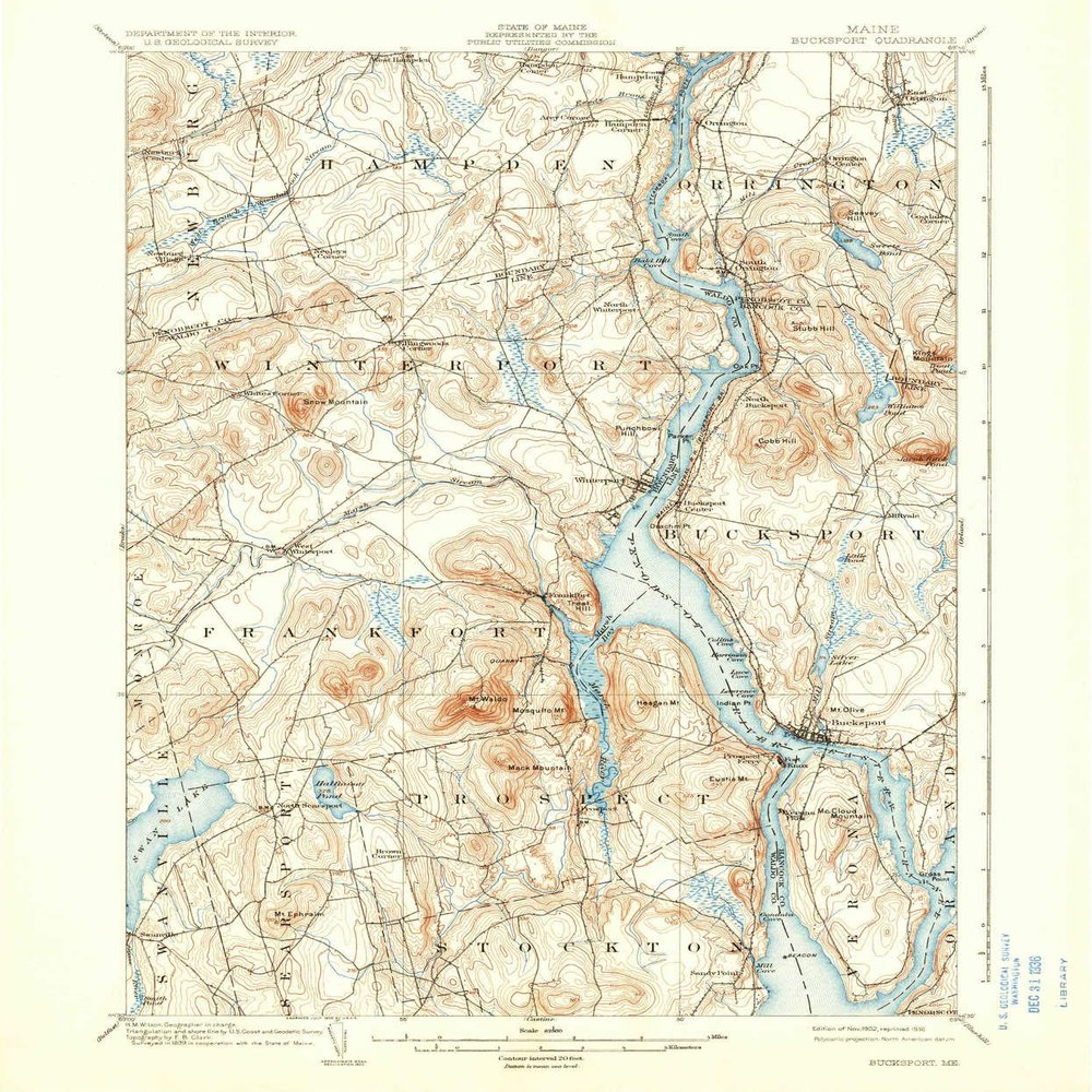 YellowMaps Bucksport ME topo map, 1:62500 Scale, 15 X 15 Minute, Historical, 1902, Updated 1936, 19.8 x 16.5 in - Tyvek
