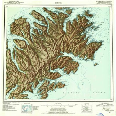 YellowMaps Kodiak AK topo map, 1:250000 Scale, 1 X 2 Degree, Historical, 1952, Updated 1954, 22.1 x 21.1 in - Polypropylene