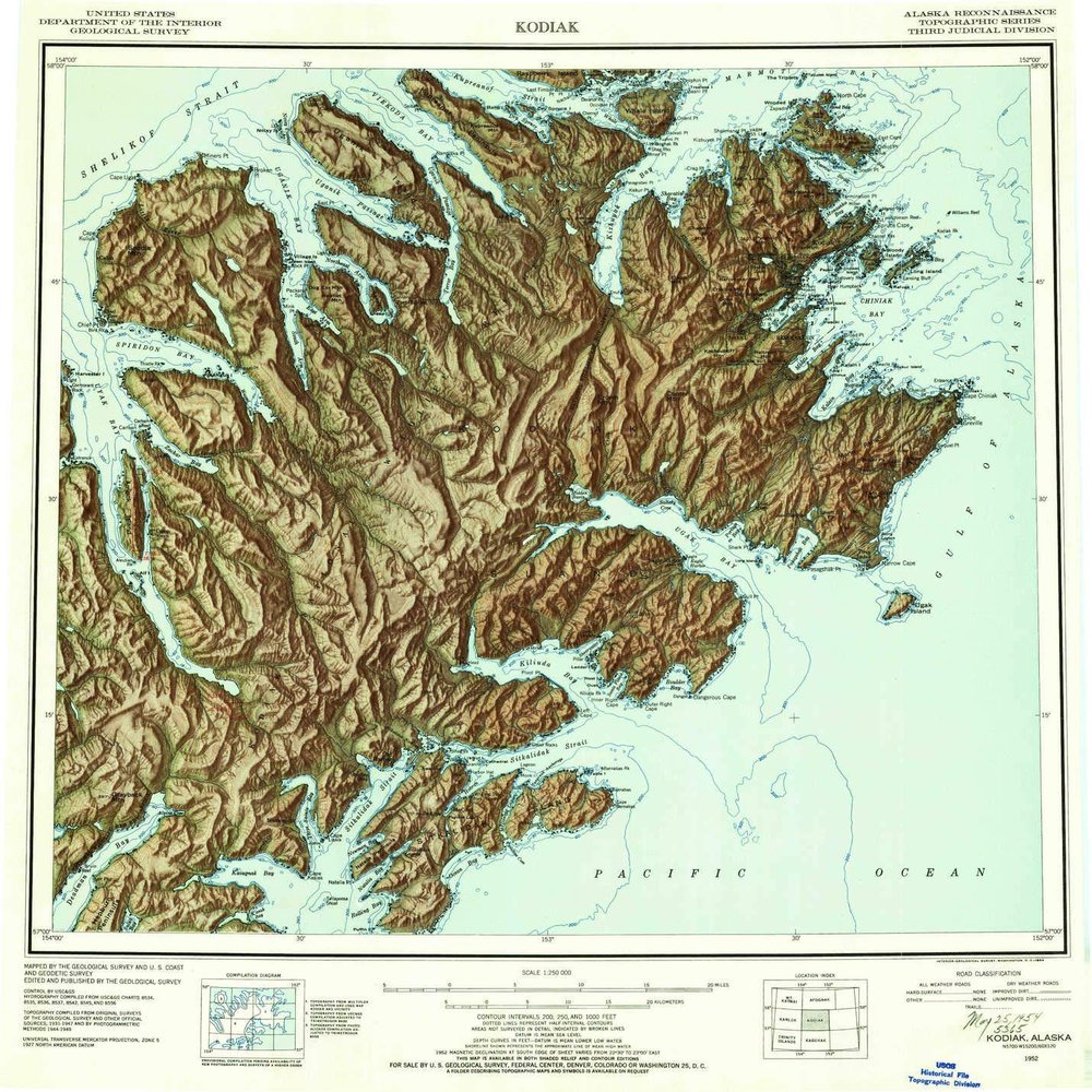 YellowMaps Kodiak AK topo map, 1:250000 Scale, 1 X 2 Degree, Historical, 1952, Updated 1954, 22.1 x 21.1 in - Polypropylene