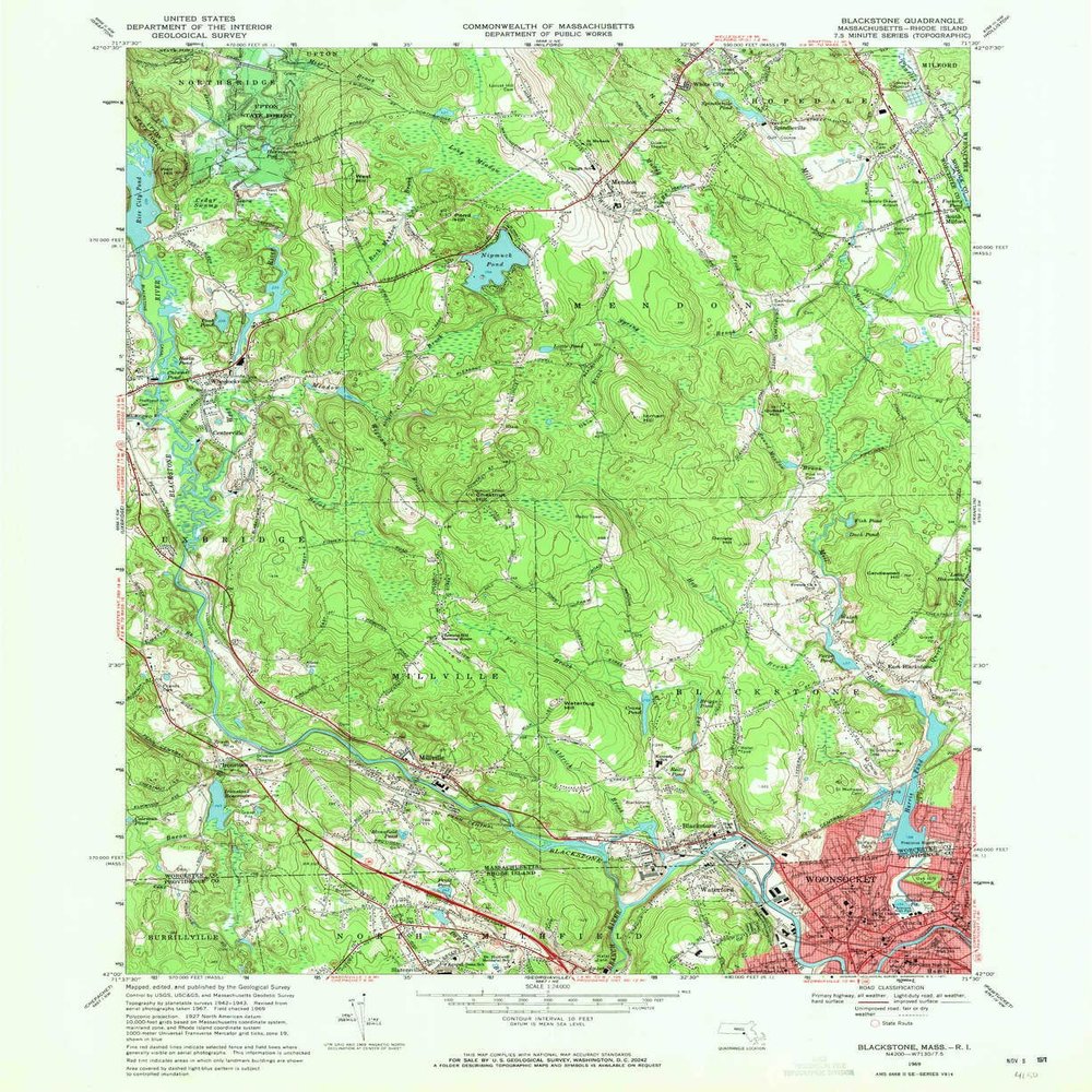 YellowMaps Blackstone MA topo map, 1:24000 Scale, 7.5 X 7.5 Minute, Historical, 1969, Updated 1971, 26.9 x 21.9 in - Tyvek
