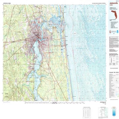 YellowMaps Jacksonville FL topo map, 1:100000 Scale, 30 X 60 Minute, Historical, 1977, Updated 1983, 27.1 x 44 in - Polypropylene