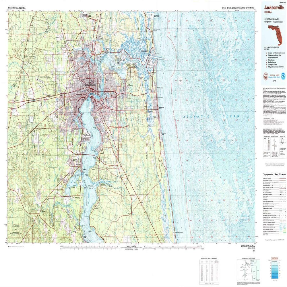 YellowMaps Jacksonville FL topo map, 1:100000 Scale, 30 X 60 Minute, Historical, 1977, Updated 1983, 27.1 x 44 in - Polypropylene