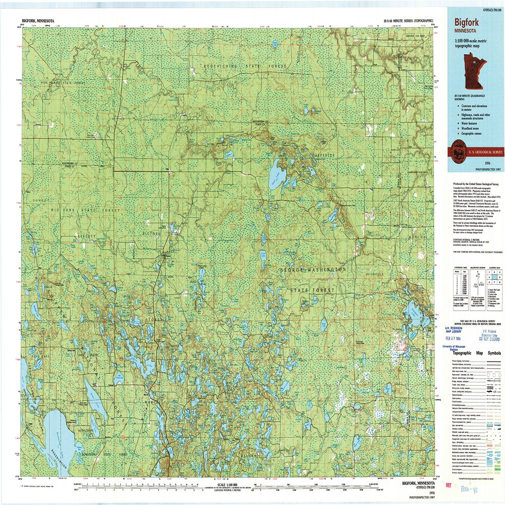 YellowMaps Bigfork MN topo map, 1:100000 Scale, 30 X 60 Minute, Historical, 1976, Updated 1994, 27.23 x 21.53 in - Polypropylene