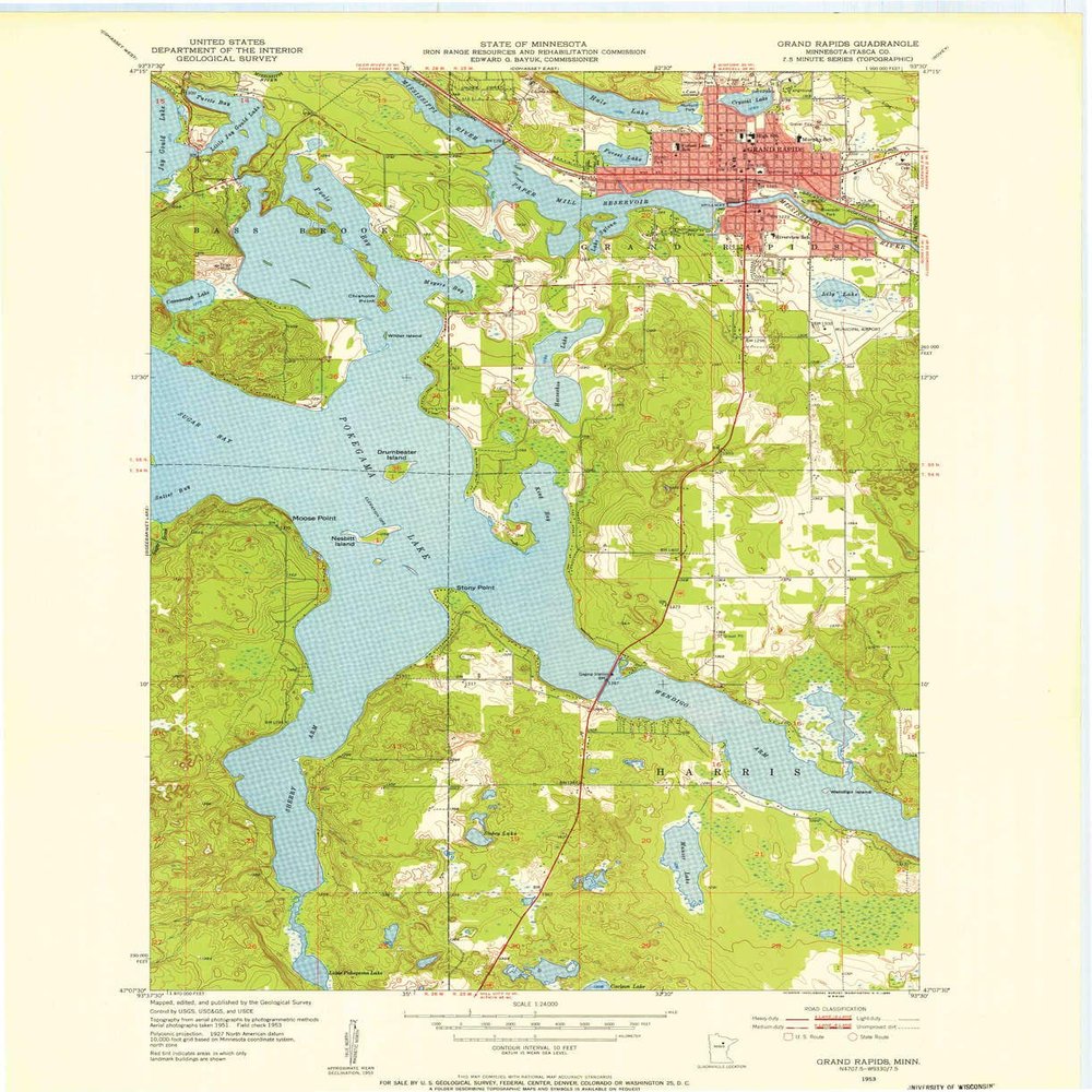 YellowMaps Grand Rapids MN topo map, 1:24000 Scale, 7.5 X 7.5 Minute, Historical, 1953, Updated 1955, 27.23 x 21.53 in - Polypropylene