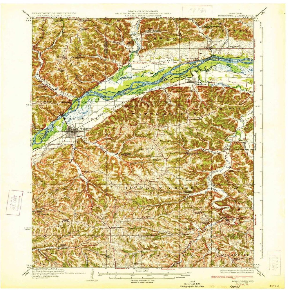 YellowMaps Boscobel WI topo map, 1:62500 Scale, 15 X 15 Minute, Historical, 1933, 20.36 x 16.79 in - Polypropylene