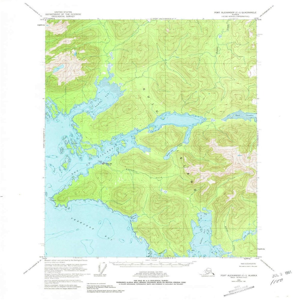YellowMaps Port Alexander C 1 AK topo map, 1:63360 Scale, 15 X 15 Minute, Historical, 1951, Updated 1981, 21.9 x 18 in - Tyvek