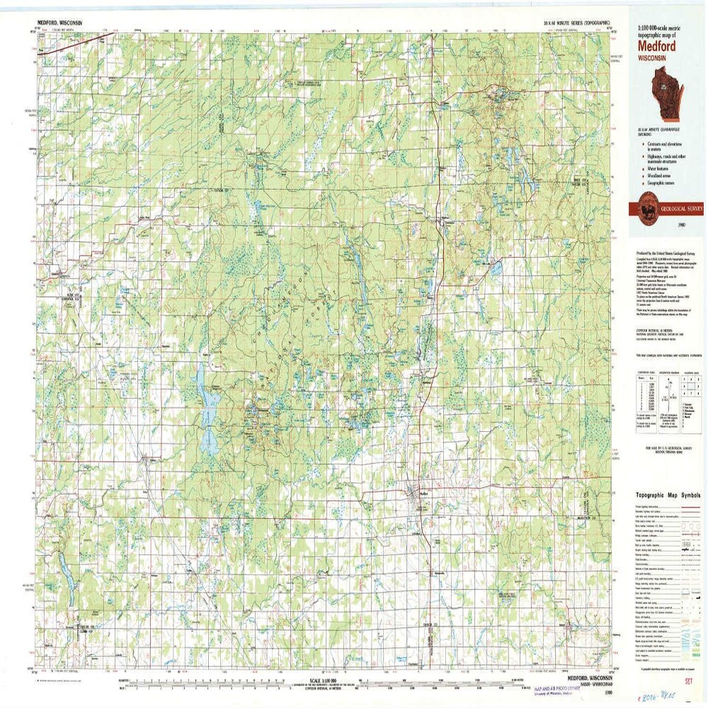 YellowMaps Medford WI topo map, 1:100000 Scale, 30 X 60 Minute, Historical, 1980, Updated 1980, 24.35 x 38.07 in - Polypropylene