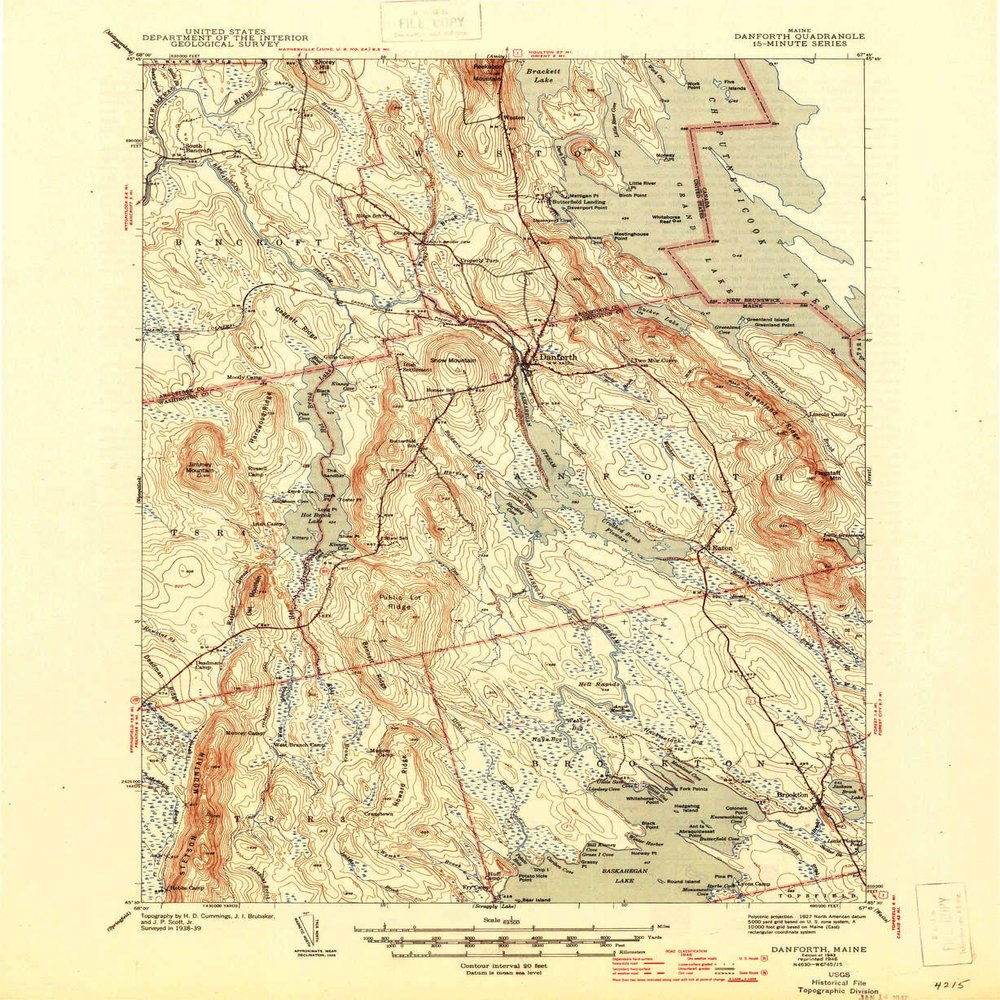 YellowMaps Danforth ME topo map, 1:62500 Scale, 15 X 15 Minute, Historical, 1943, Updated 1946, 20.7 x 17 in - Polypropylene
