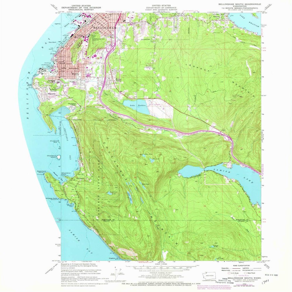 Bellingham South WA topo map, 1:24000 Scale, 7.5 X 7.5 Minute, Historical, 1954, Updated 1973, 26.9 x 22 in - Polypropylene