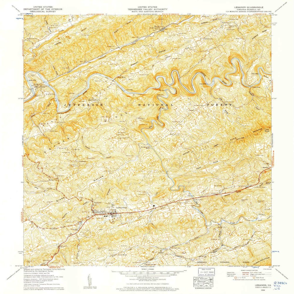 YellowMaps Lebanon VA topo map, 1:24000 Scale, 7.5 X 7.5 Minute, Historical, 1958, Updated 1960, 26.68 x 21.69 in - Polypropylene