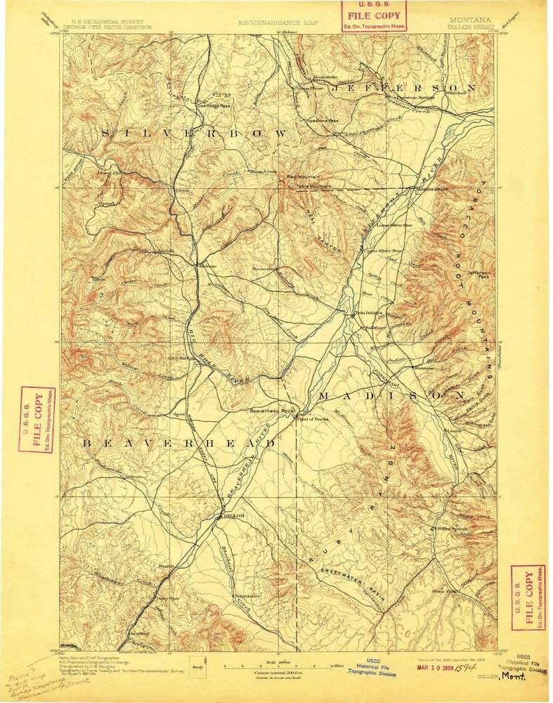 Dillon MT topo map, 1:250000 Scale, 1 X 1 Degree, Historical, 1893, Updated 1909, 19.9 x 15.7 in - Polypropylene