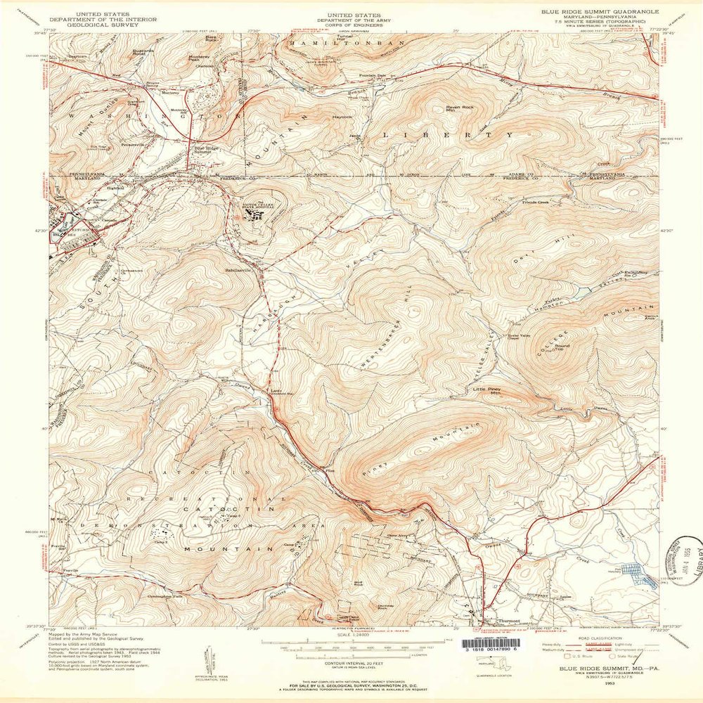 YellowMaps Blue Ridge Summit PA topo map, 1:24000 Scale, 7.5 X 7.5 Minute, Historical, 1953, Updated 1955, 27 x 20.3 in - Polypropylene