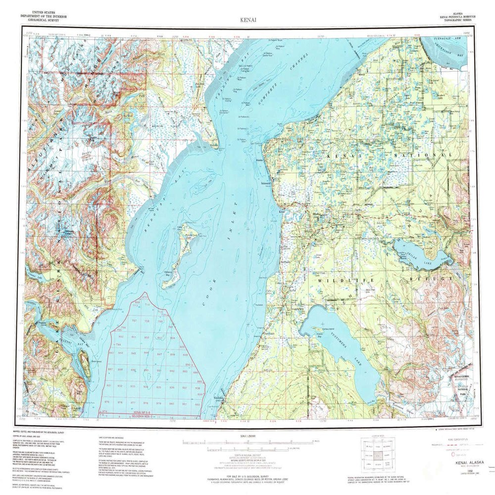 YellowMaps Kenai AK topo map, 1:250000 Scale, 1 X 3 Degree, Historical, 1958, Updated 1984, 22.8 x 28.9 in - Polypropylene