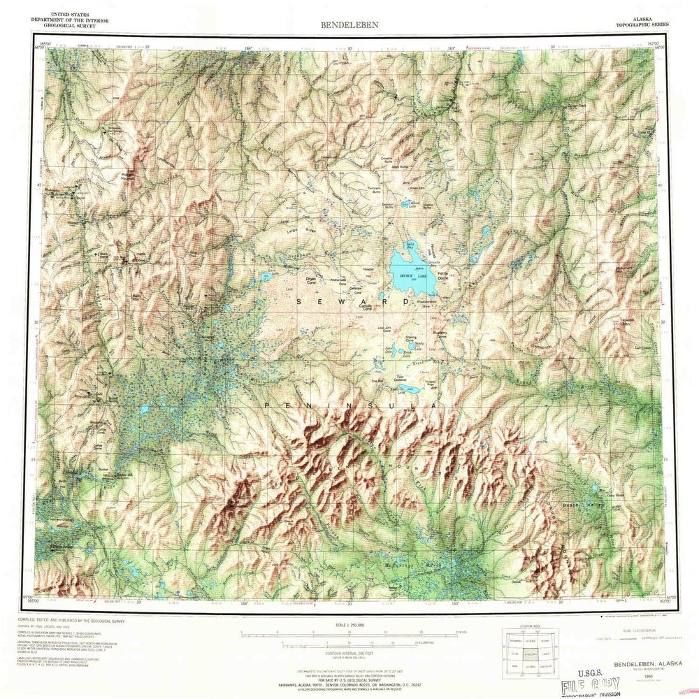 YellowMaps Bendeleben AK topo map, 1:250000 Scale, 1 X 3 Degree, Historical, 1950, Updated 1967, 22.3 x 24.7 in - Polypropylene