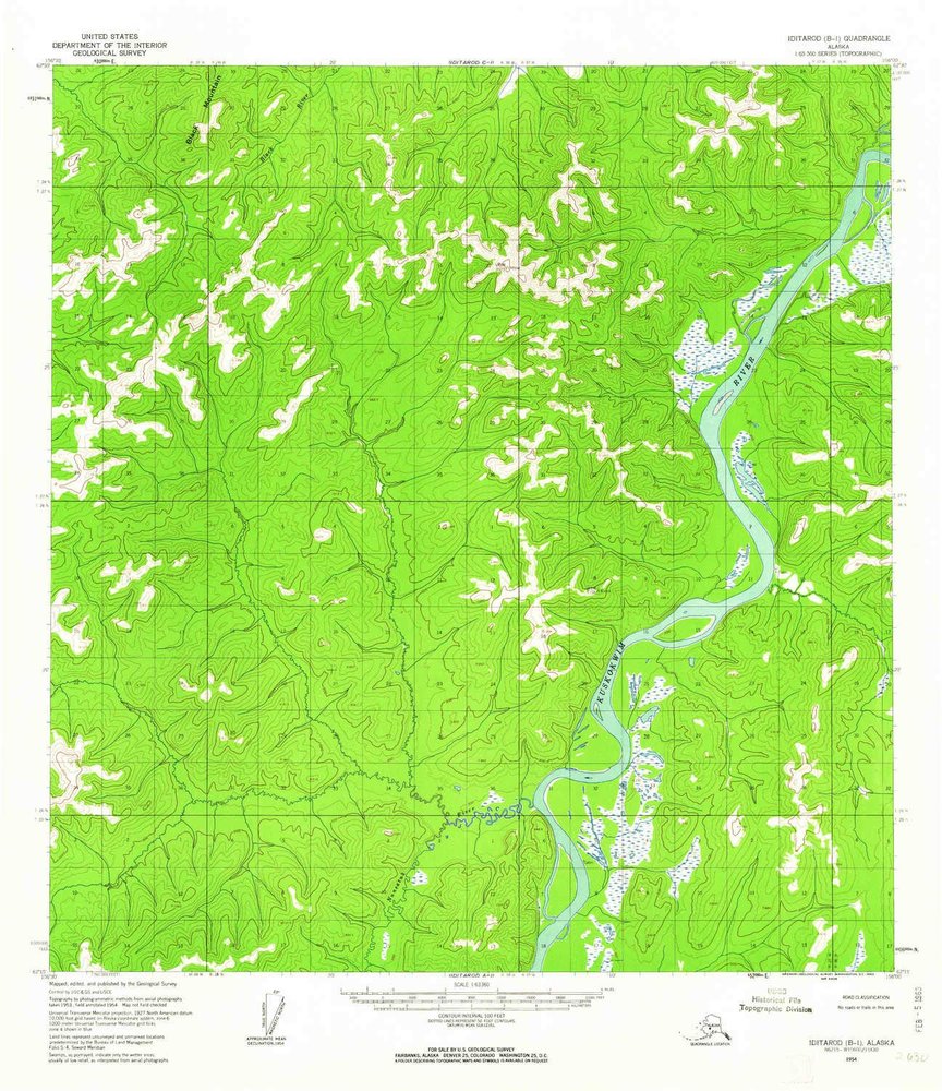 YellowMaps Iditarod B 1 AK topo map, 1:63360 Scale, 15 X 15 Minute, Historical, 1954, Updated 1962, 20.8 x 18 in - Polypropylene