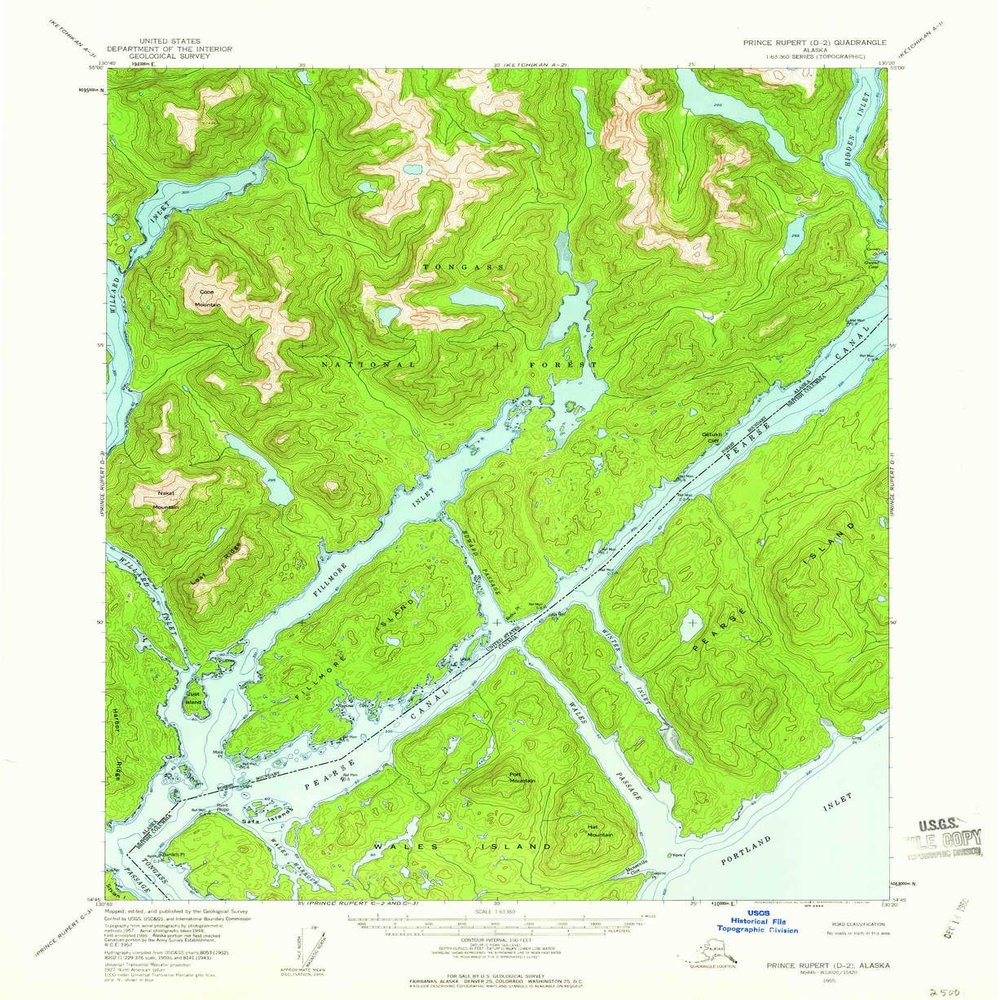 YellowMaps Prince Rupert D 2 AK topo map, 1:63360 Scale, 15 X 15 Minute, Historical, 1955, Updated 1960, 20.8 x 17 in - Tyvek