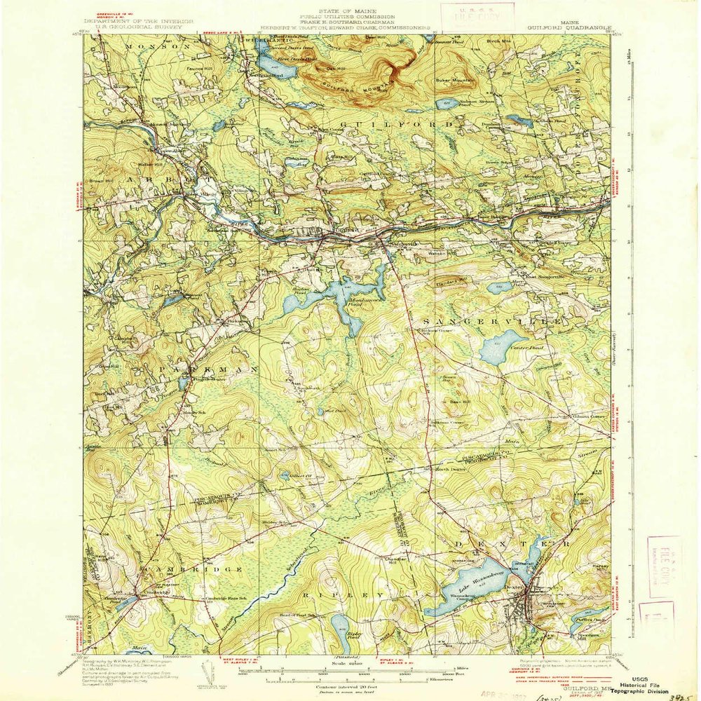 YellowMaps Guilford ME topo map, 1:62500 Scale, 15 X 15 Minute, Historical, 1937, 19.8 x 16.5 in - Tyvek
