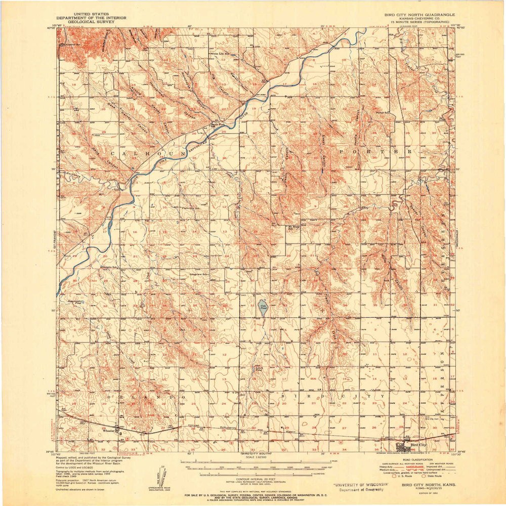 YellowMaps Bird City North KS topo map, 1:62500 Scale, 15 X 15 Minute, Historical, 1951, 20.85 x 17.08 in - Polypropylene
