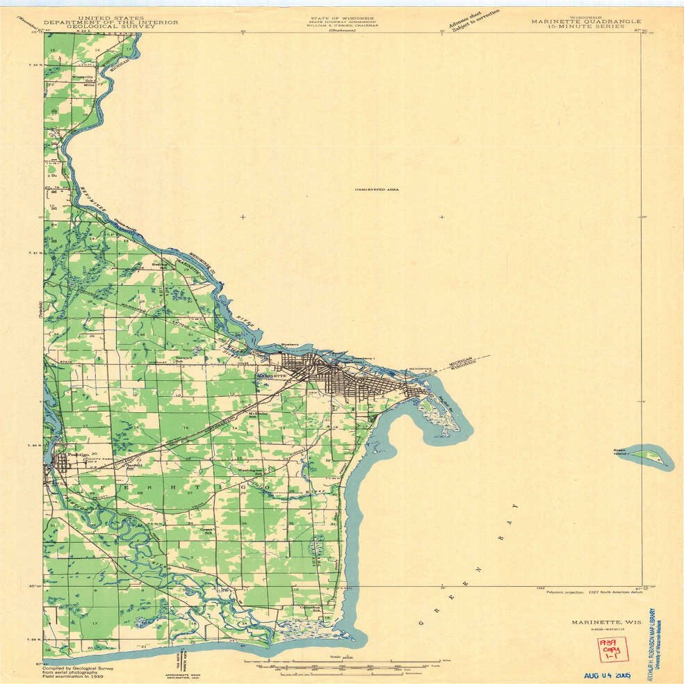 YellowMaps Marinette WI topo map, 1:48000 Scale, 15 X 15 Minute, Historical, 1939, 28.14 x 18.46 in - Polypropylene