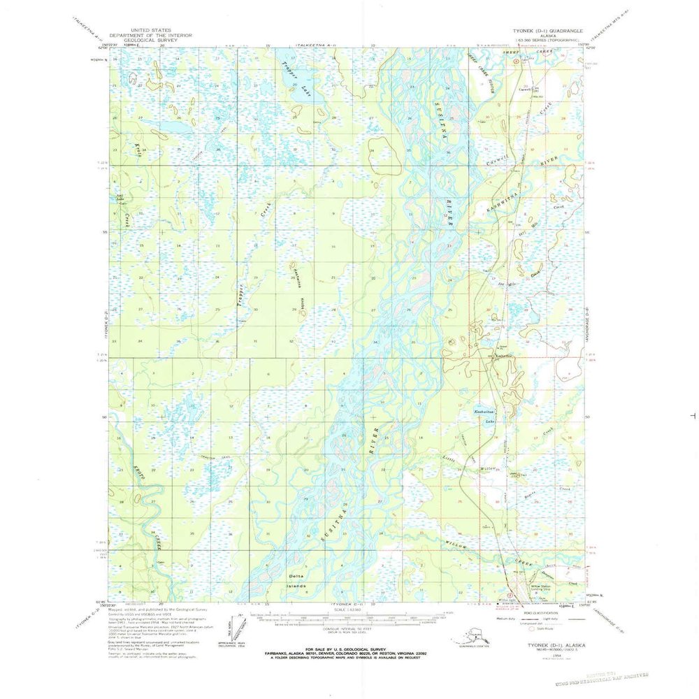 YellowMaps Tyonek D 1 AK topo map, 1:63360 Scale, 15 X 15 Minute, Historical, 1954, Updated 1965, 21.8 x 18 in - Tyvek