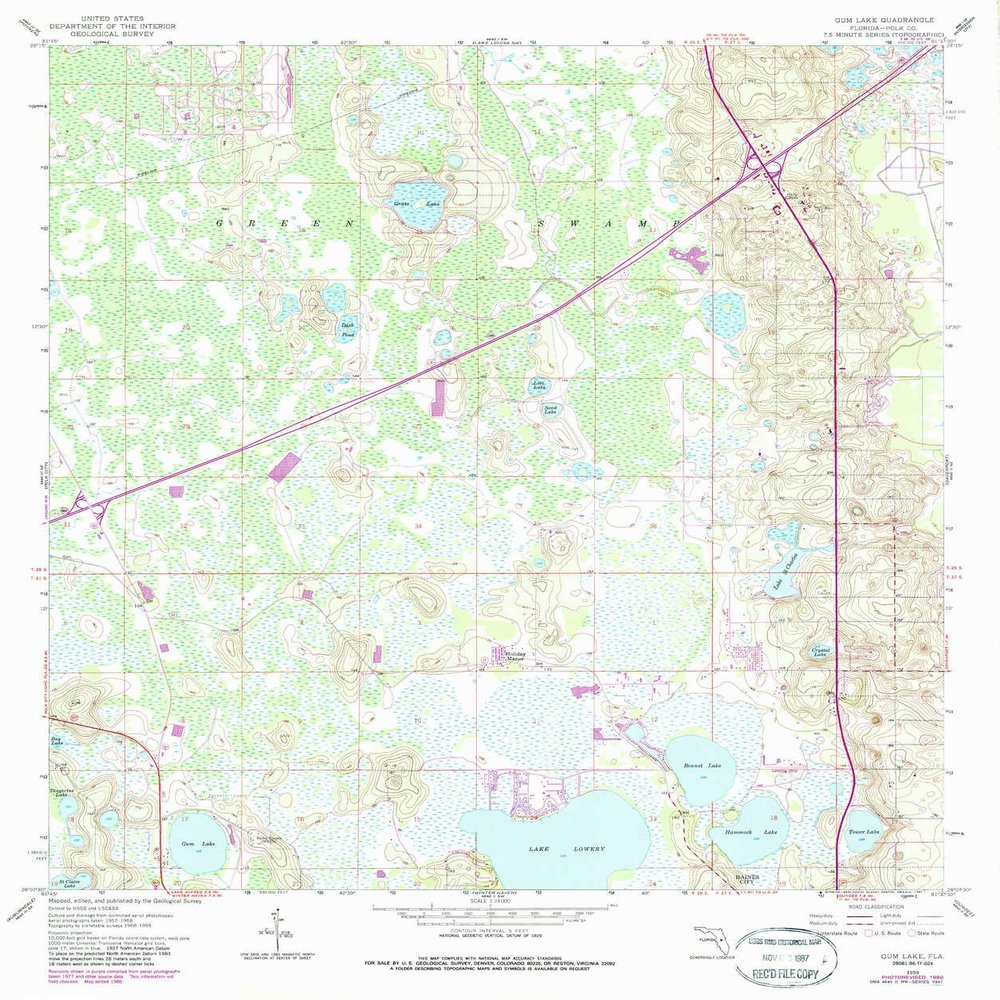 YellowMaps Gum Lake FL topo map, 1:24000 Scale, 7.5 X 7.5 Minute, Historical, 1959, Updated 1987, 26.9 x 22.5 in - Tyvek