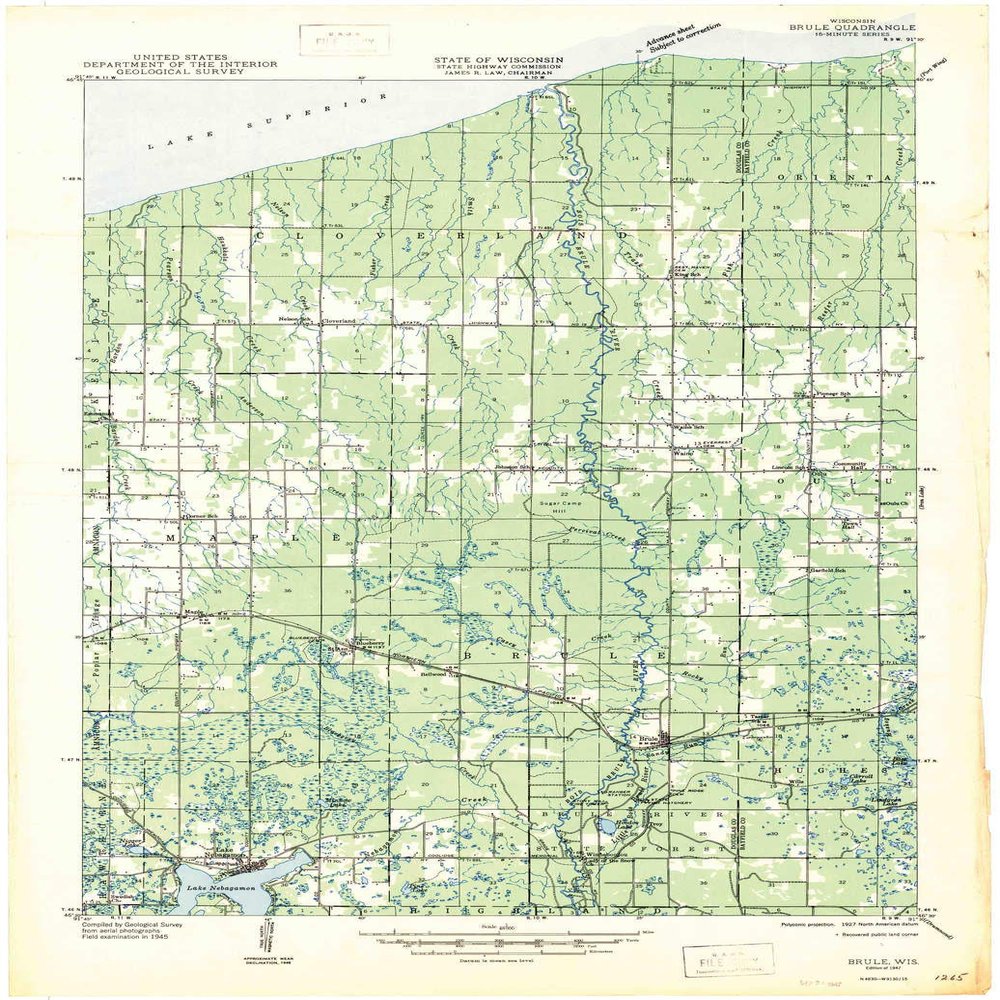 YellowMaps Brule WI topo map, 1:48000 Scale, 15 X 15 Minute, Historical, 1947, 27.29 x 18.85 in - Polypropylene