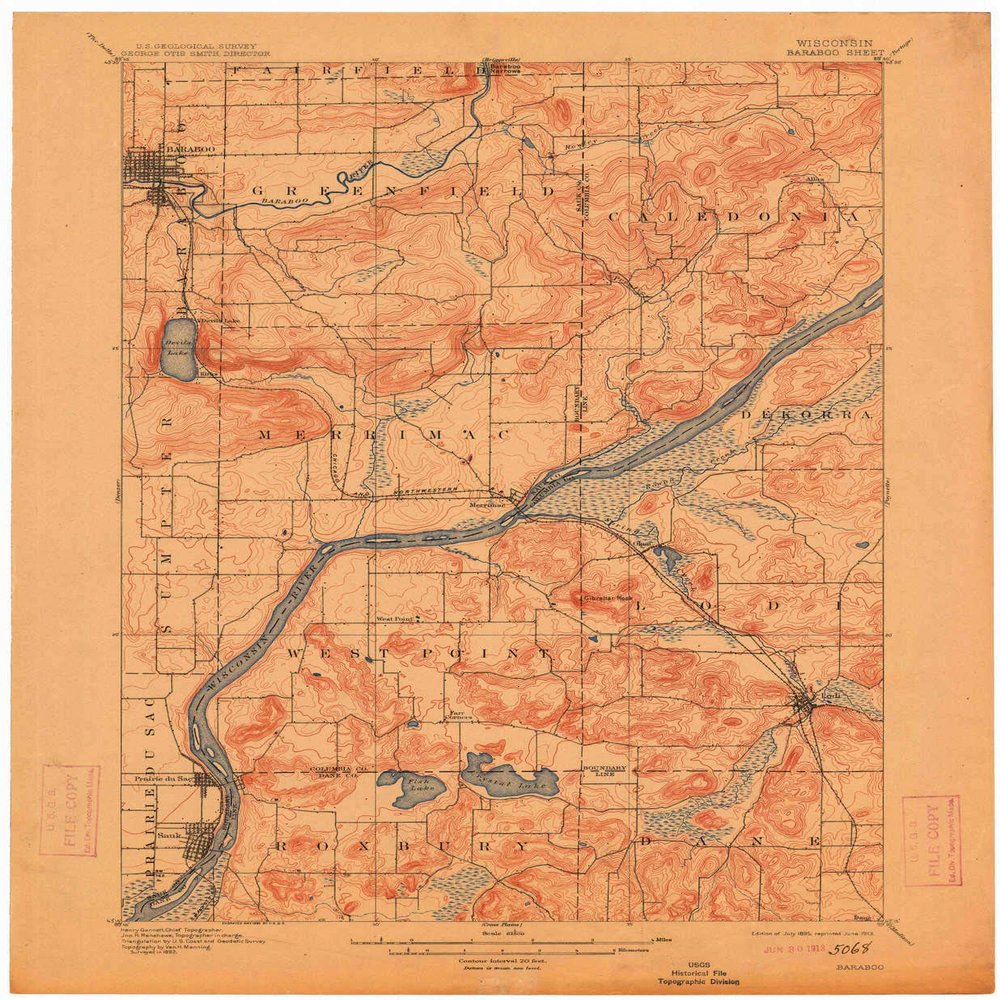 YellowMaps Baraboo WI topo map, 1:62500 Scale, 15 X 15 Minute, Historical, 1895, Updated 1913, 20.36 x 16.79 in - Polypropylene