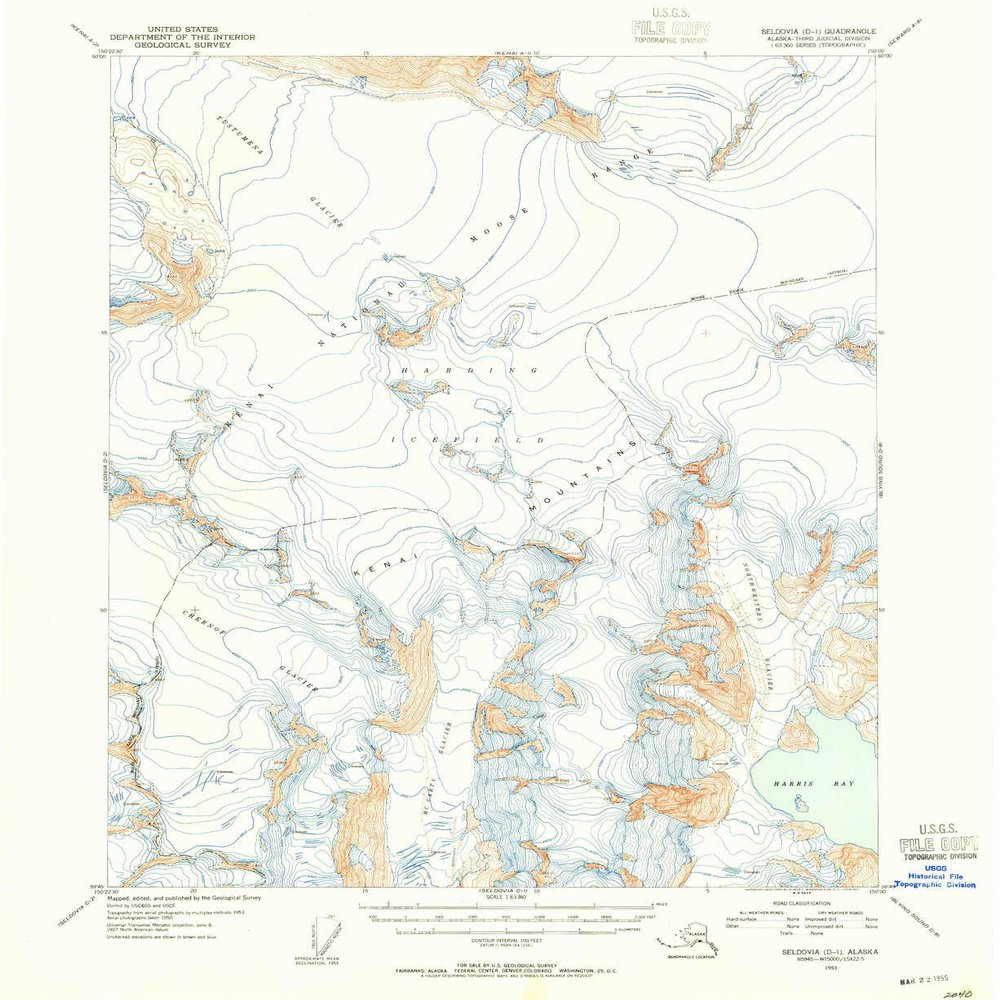 Seldovia D 1 AK topo map, 1:63360 Scale, 15 X 15 Minute, Historical, 1953, Updated 1955, 20.8 x 17 in - Polypropylene