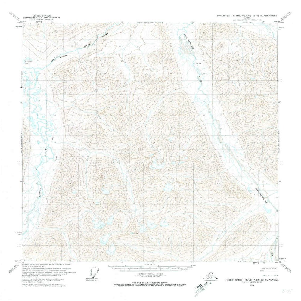 YellowMaps Philip Smith Mountains B 4 AK topo map, 1:63360 Scale, 15 X 15 Minute, Historical, 1971, Updated 1974, 21.9 x 18.1 in - Tyvek