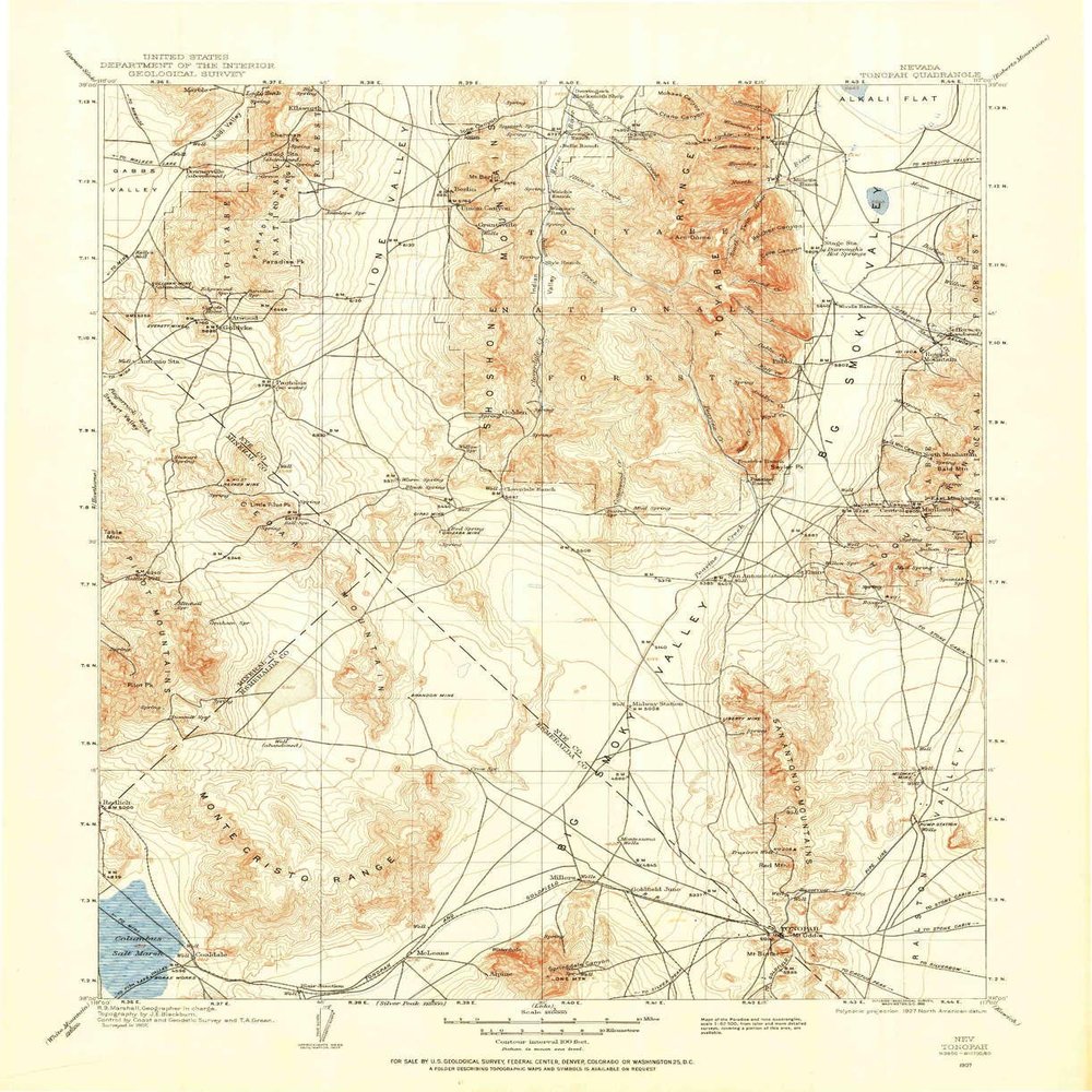 YellowMaps Tonopah NV topo map, 1:250000 Scale, 1 X 1 Degree, Historical, 1907, Updated 1955, 20.9 x 17 in - Polypropylene