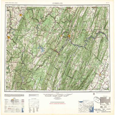 YellowMaps Cumberland MD topo map, 1:250000 Scale, 1 X 2 Degree, Historical, 1957, 24.1 x 30.5 in - Polypropylene