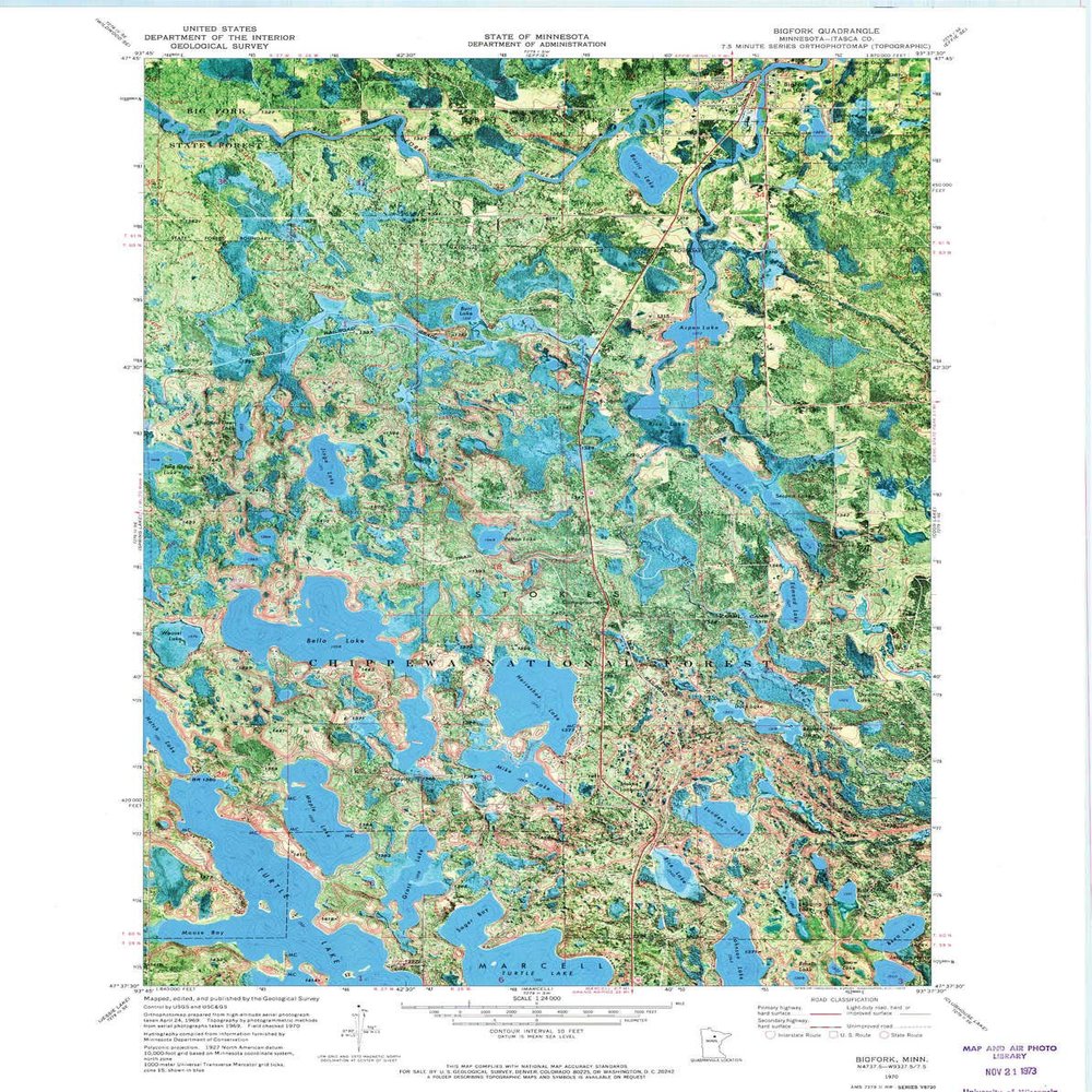 YellowMaps Bigfork MN topo map, 1:24000 Scale, 7.5 X 7.5 Minute, Historical, 1970, Updated 1973, 27.23 x 21.53 in - Tyvek