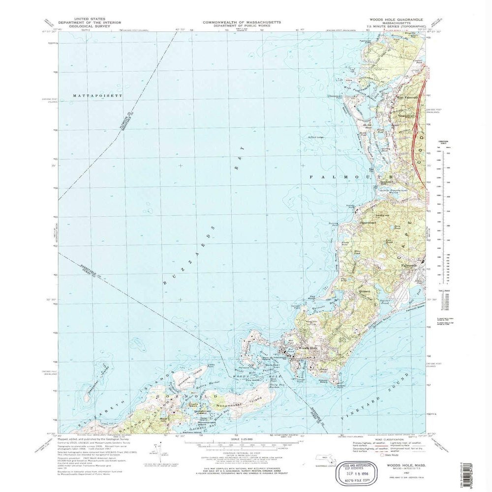 YellowMaps Woods Hole MA topo map, 1:25000 Scale, 7.5 X 7.5 Minute, Historical, 1967, Updated 1978, 26.8 x 22 in - Tyvek