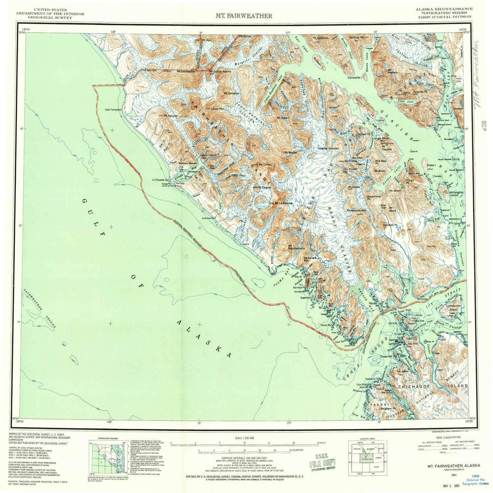 YellowMaps Mt Fairweather AK topo map, 1:250000 Scale, 1 X 2 Degree, Historical, 1951, Updated 1955, 22.4 x 25.5 in - Tyvek