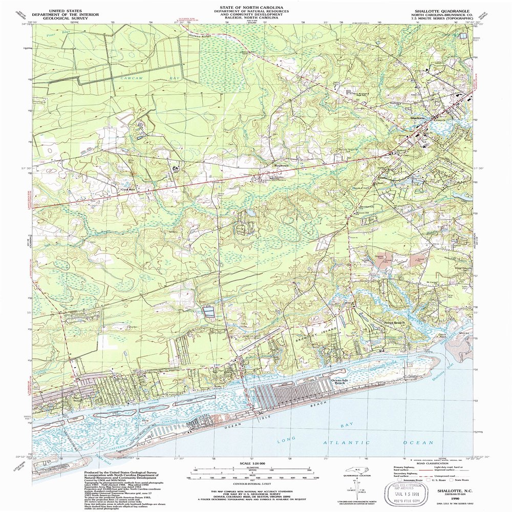 YellowMaps Shallotte NC topo map, 1:24000 Scale, 7.5 X 7.5 Minute, Historical, 1990, Updated 1991, 26.9 x 22 in - Polypropylene